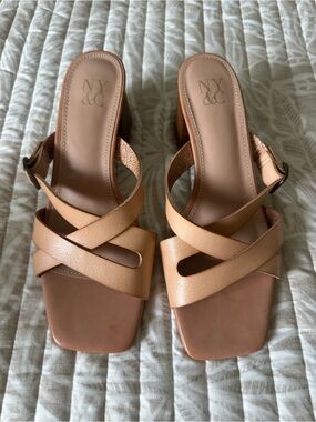 New York & Company Beige/Tan Crisscross Strap Block Heel Mules